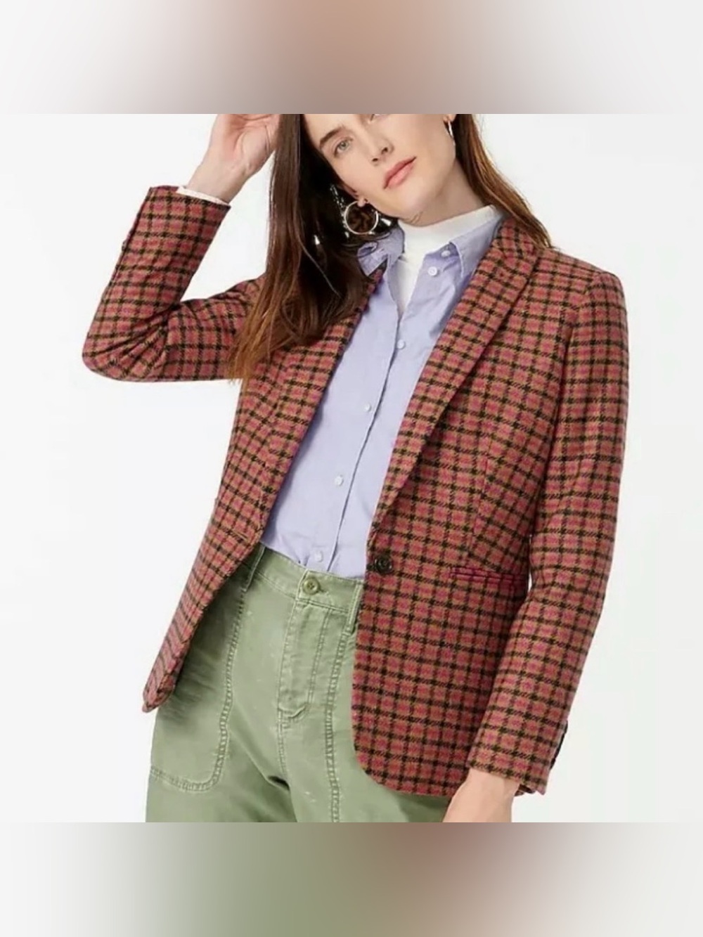 J. Crew Pink English Plaid Wool Parke Blazer Jacket Size 10 Single Button